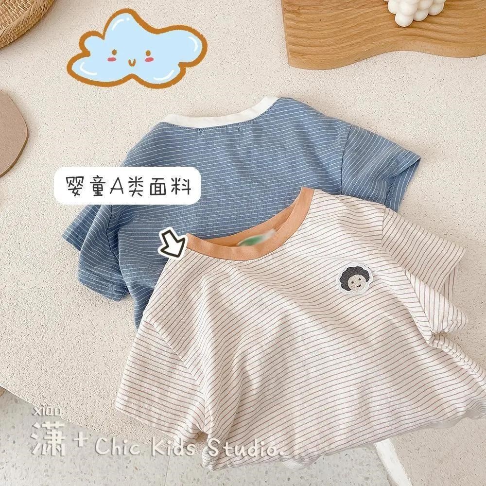 2026 verão novo estilo estilo ocidental listrado crianças de manga curta algodão linho camiseta meninos meninas bebê mei