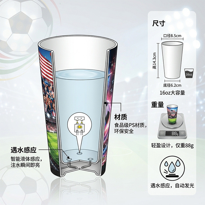 ￼ Exclusivo para vendas internacionais: copo de 16oz em material PS que brilha no escuro com tema da Copa do Mundo, adeq