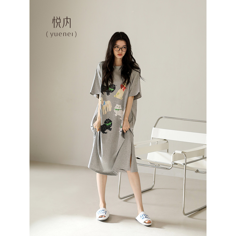 Yue camisola interna pijamas femininos verão verão puro algodão Homewear solto tamanho grande gato dos desenhos animados