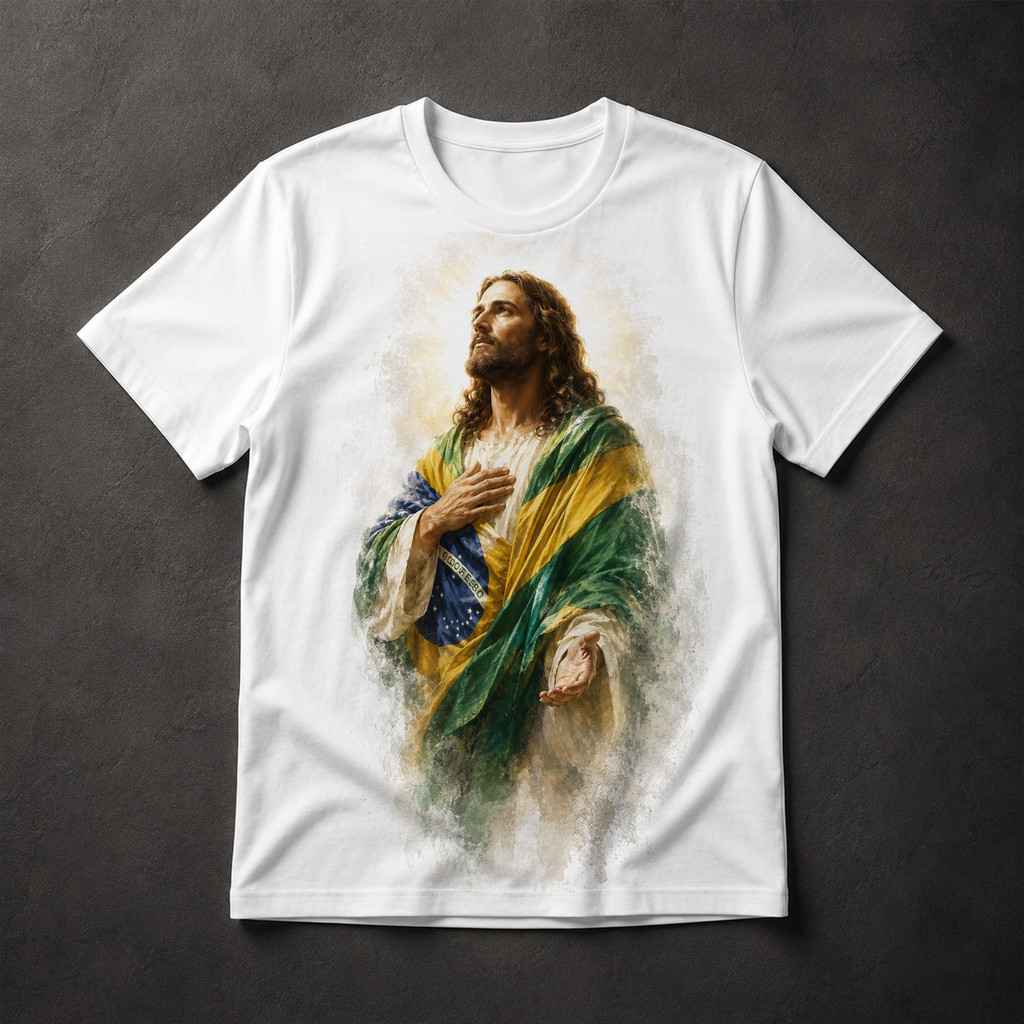 Camiseta Jesus Cristo Bandeira do Brasil Masculina Religiosa Patriota Evangélica Cristã