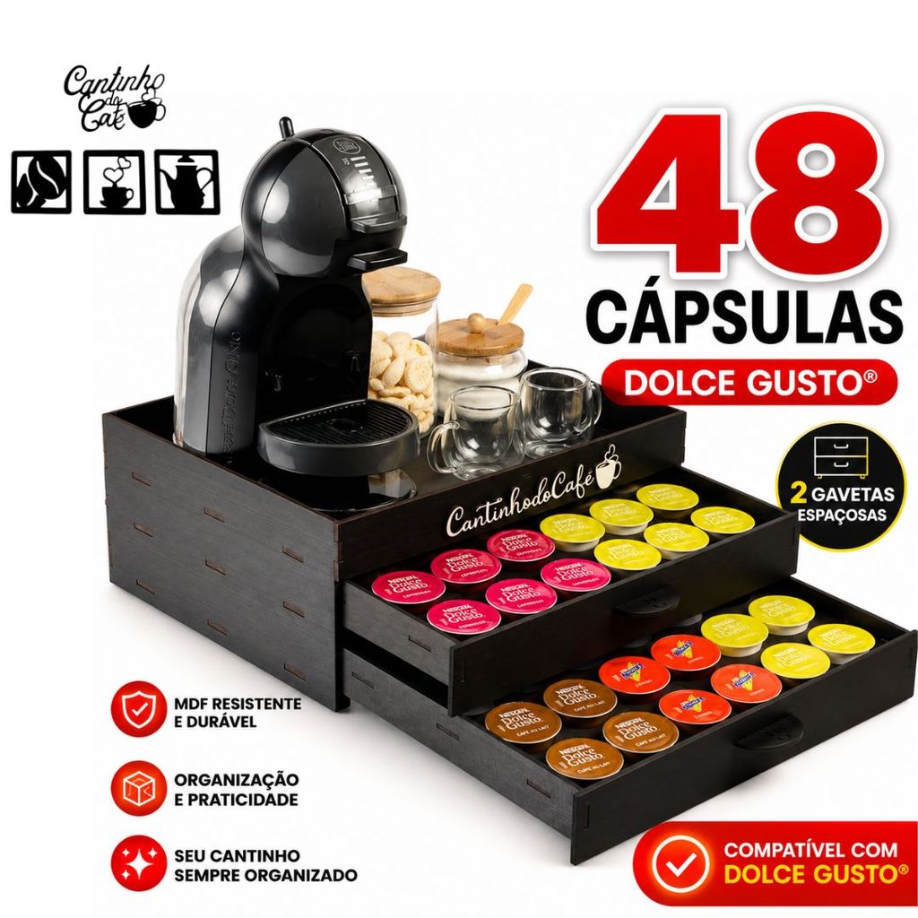 Bandeja Cantinho do Café Porta 48 Cápsulas Suporte Dolce Gusto Organizador Cafeteira Suporte Xícaras