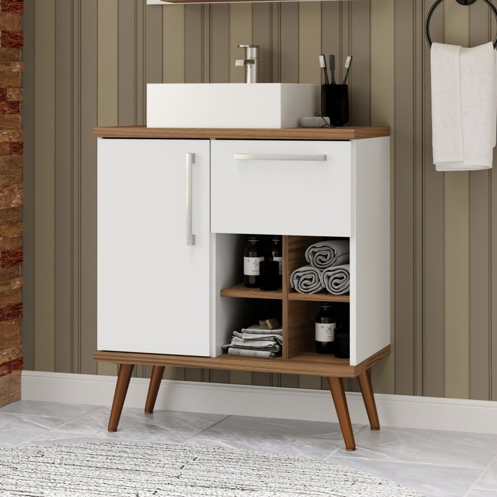 Gabinete para Banheiro com Pés 70cm Veneza Marrom/Branco/Nogal