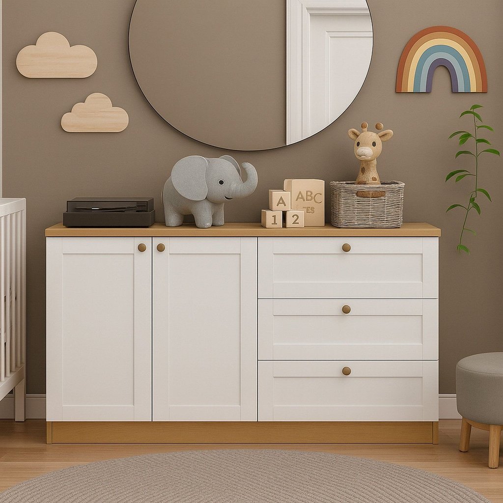 Quarto Infantil com Cômoda 3 Gavetas e Armário 2 Portas Provençais 100% MDF Infinity Bege/Savana/Bra Savana/Branco