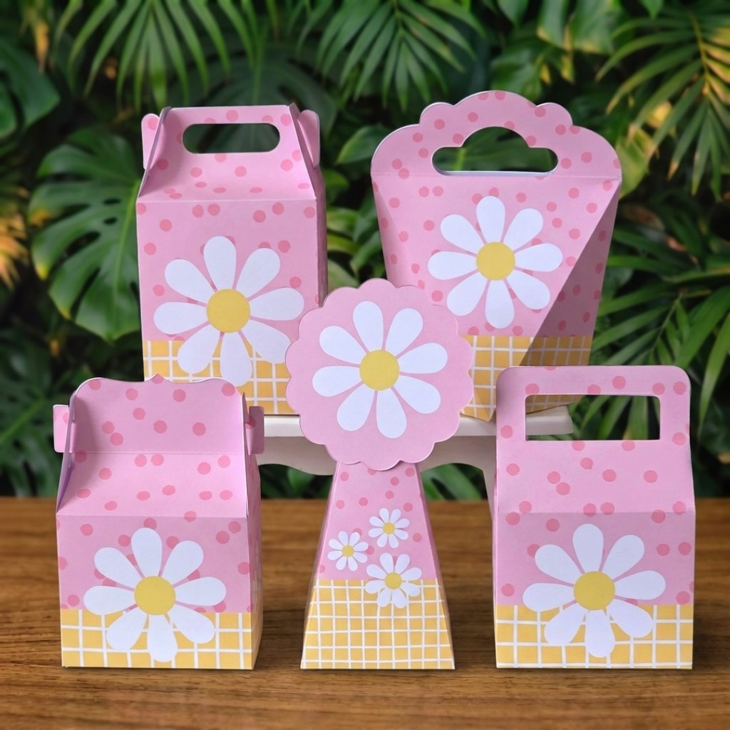 Kit Festa Caixinhas MARGARIDAS ROSA lembrancinhas personalizadas para aniversario infantil decoração mimos