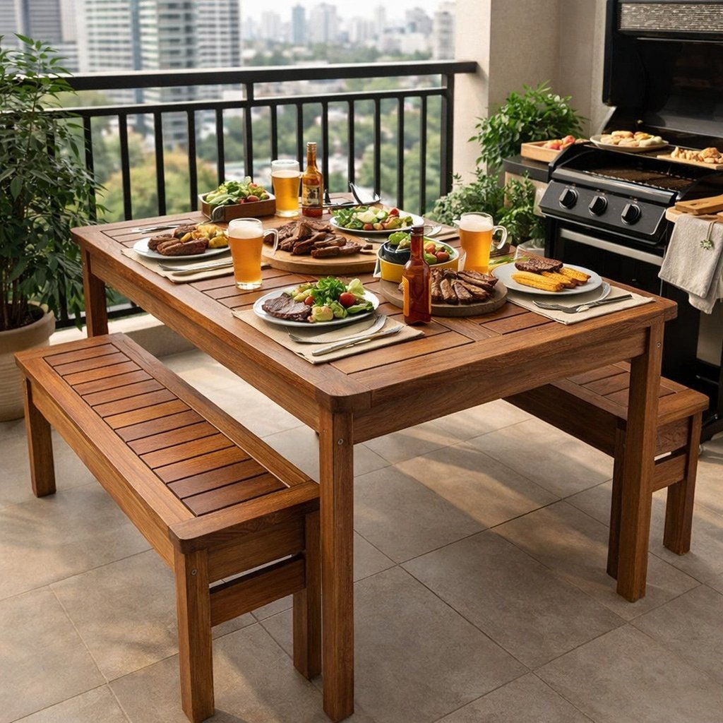 Conjunto Mesa e Bancos Churrasco Madeira Maciça Ember Marrom