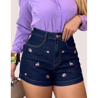 Short Jeans Feminino Com Lycra Empina Bumbum Jeans Macio Exclusivo Cintura Alta Bordado Moda Floral