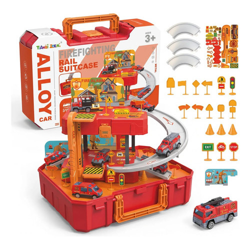 Kit Maleta Bombeiros Brinquedo 31 Peças Pista Carrinhos Vermelho