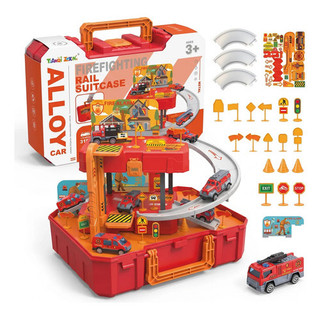 Kit Maleta Bombeiros Brinquedo 31 Peças Pista Carrinhos Vermelho