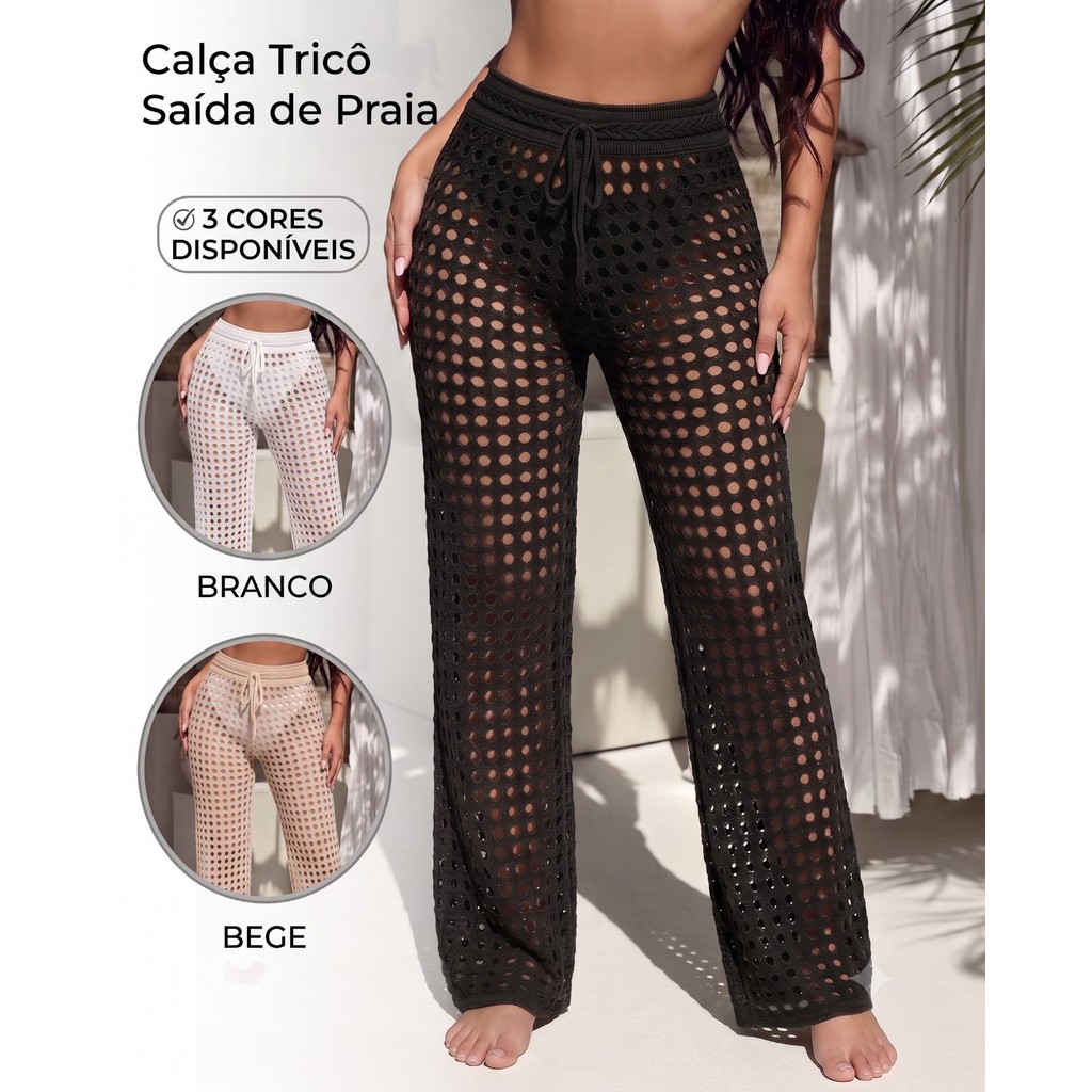 Saída de Praia Tricô Crochê Slim e Plus Size Calça Feminina Moda Verão Praia Piscina 2026