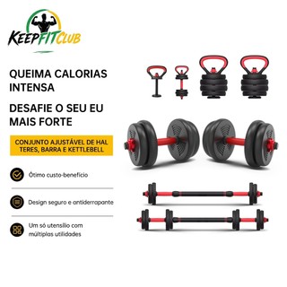 Kit Halteres 10kg Ajustáveis com Kettlebell para Musculação Treino de Braços Peito Costas e Pernas