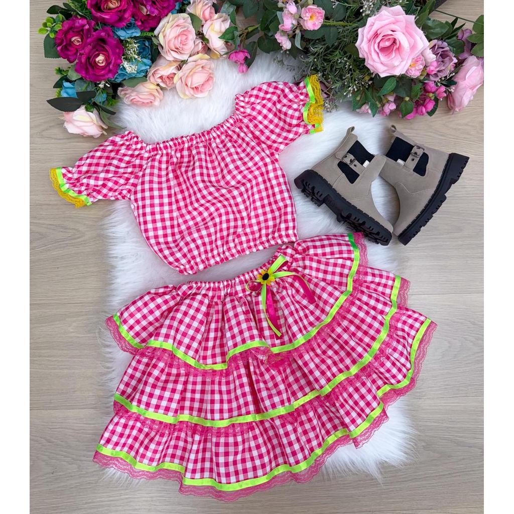 Conjunto Junino Banana Club Luxo Gabriela Xadrez Pink