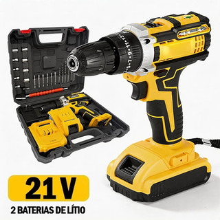 Furadeira Parafusadeira Sem Fio 21V 2 Baterias 2 Funções Impacto Maleta Completa Com Aces…
