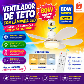 Ventilador de Teto 2 em 1 Controle Remoto 80W Lâmpada 3 Cores E27 Silencioso Bivolt