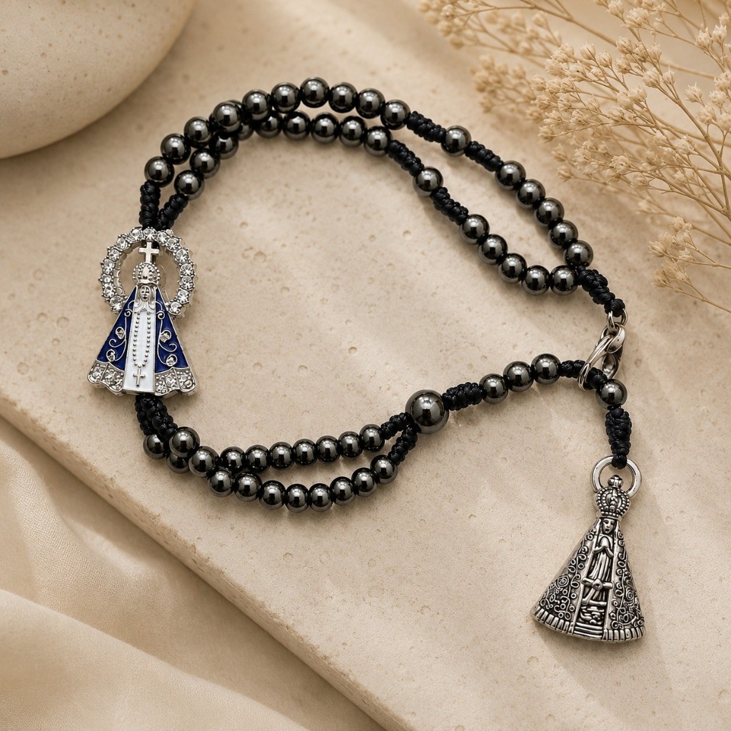 Terço De Pulso Pulseira Hematita São Bento Nossa Senhora Aparecida Religioso Católico