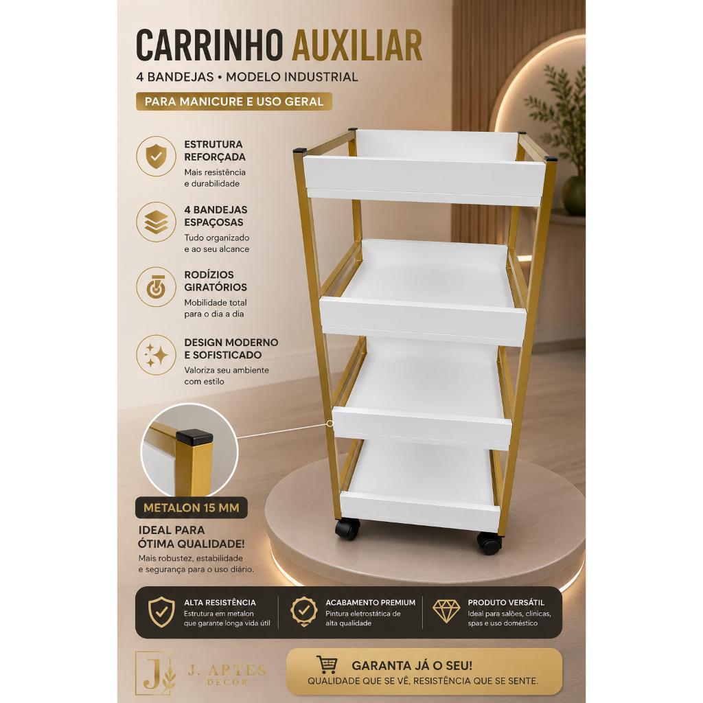Carrinho Auxiliar 4 Bandeijas com Rodinhas Metalon MDF Profissional -Estilo Industrial para Salão de Beleza — imagem 2 de 2