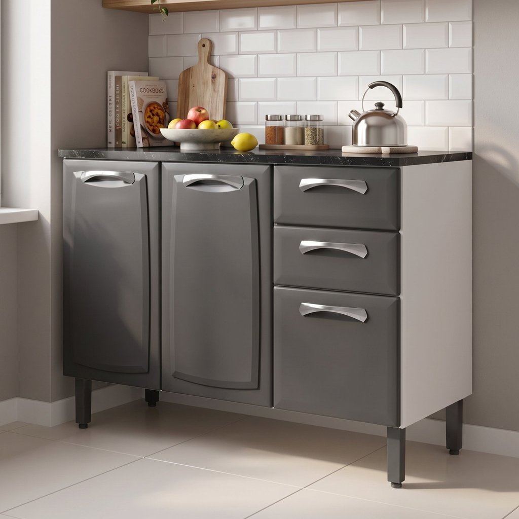 Balcão de Cozinha em Aço 3 Portas 2 Gavetas 120cm com Tampo New Premium Itatiaia Cinza Grafite/Branco Grafite/Branco