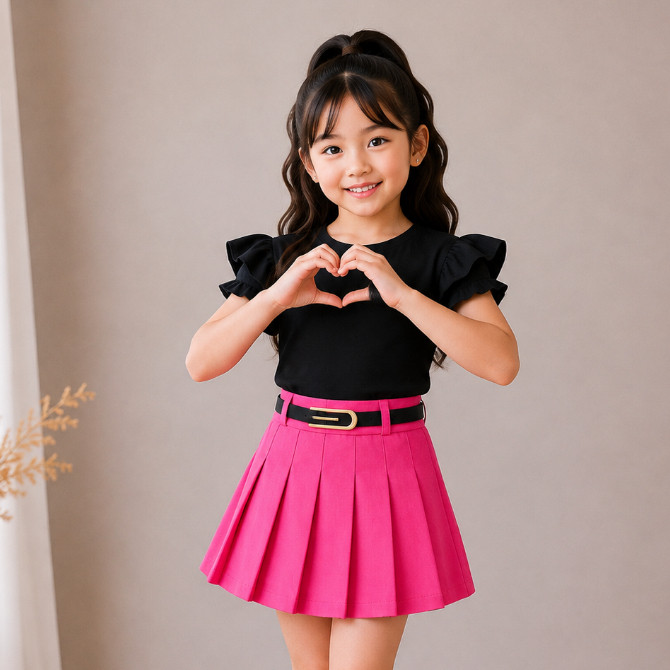 KIT 3 PEÇAS Conjunto Infantil menina Blusa Canelada com Babado + Short Saia Plissada com Cinto Menina 4 ao 12