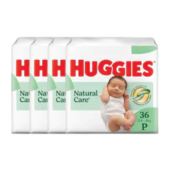 Kit 4 Fralda Huggies Natural Care Tamanho P com 36 Unidades Descartáveis