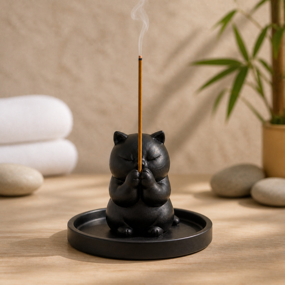 Imagem Porta Incenso Gatinho Suporte Decorativo para Incenso Aromático Decoração Zen