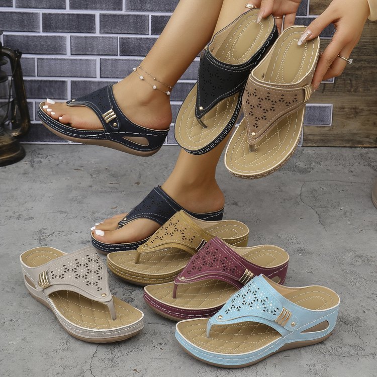 Chinelos femininos de salto cunha, sandálias planas de dedo aberto de verão, sapatos femininos de tamanho grande