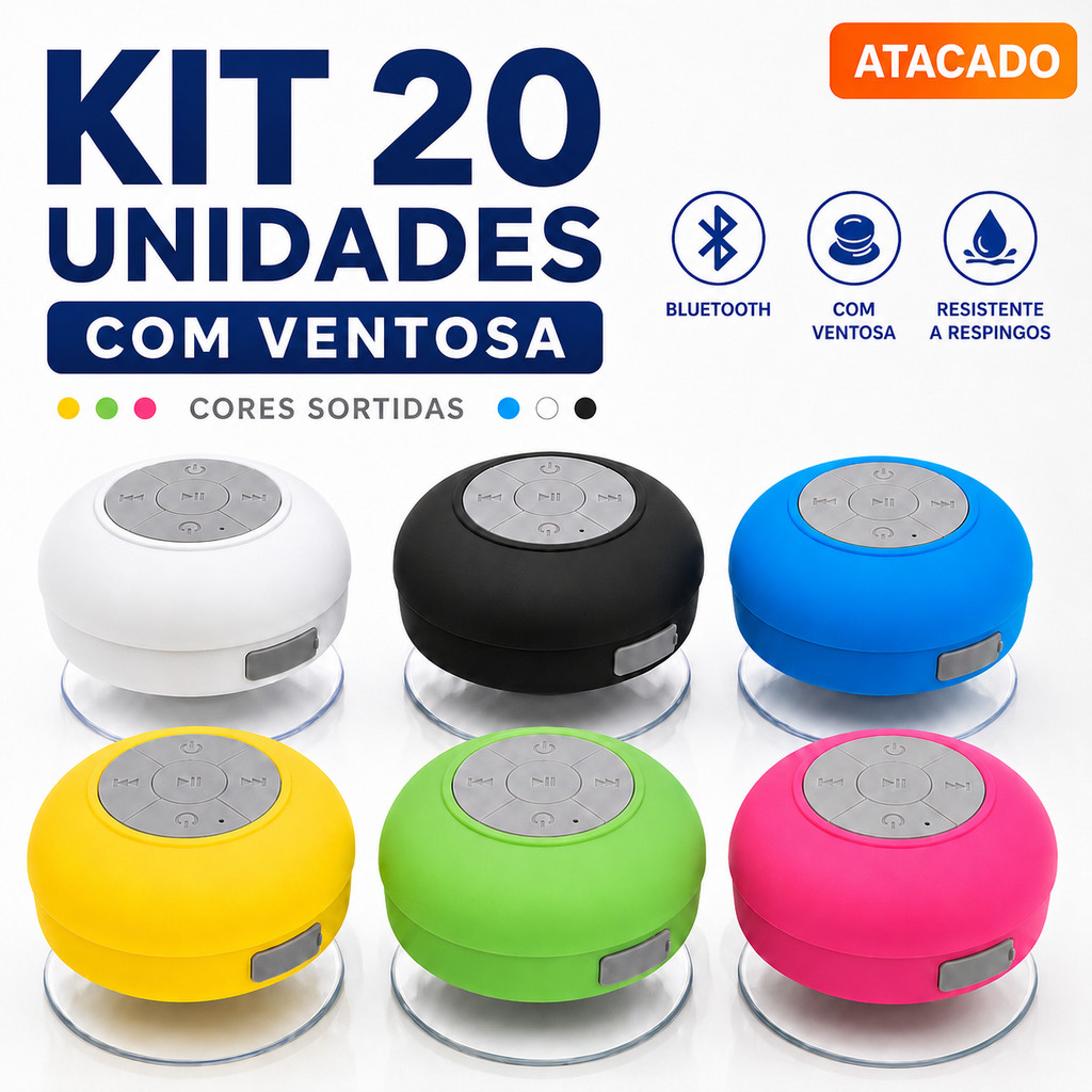 Kit 20 Caixas de Som Bluetooth Atacado com Ventosa IPX5 Cores Sortidas Portátil para Banho Banheiro Revenda