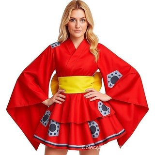 Fantasia de Cosplay da Luffy para Mulheres, Vestido Kimono Vermelho Inspirado na Moda Tradicional Japonesa, Conjunto com
