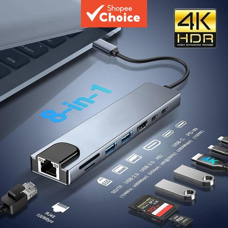 Adaptador Hub USB C 8 em 1 para Macbook, PC, PD com 8 portas, Dock RJ45, HDMI compatível, leitor de cartão TF/SD,
