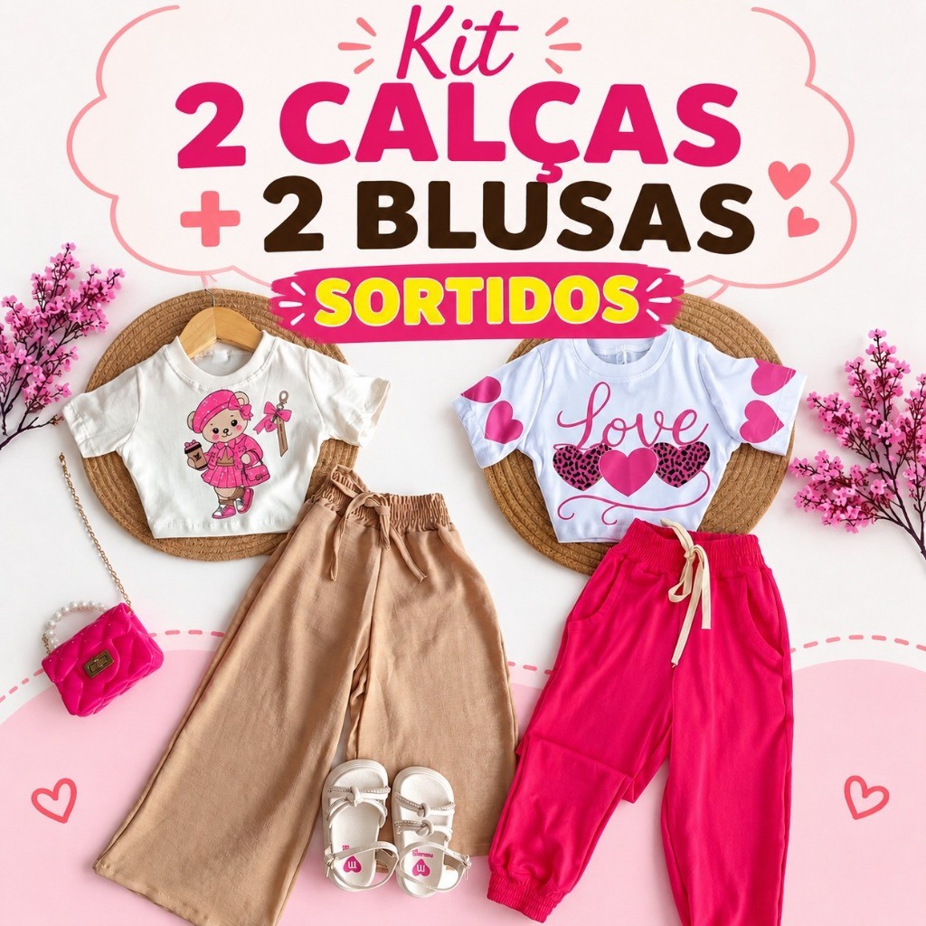 Kit 2 Conjuntos Infantis Menina | 2 Calças Sortidas + 2 Blusas | Moda Infantil Feminina | Looks Casuais