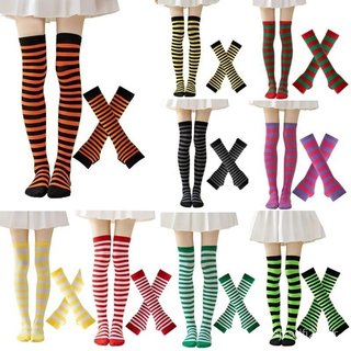 Kit Luva e Meia Listrada Listrado Diversas Cores Para Festa Cosplay Anime Moda Estica Unissex