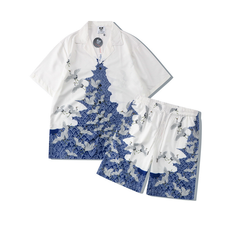 [Novo produto] Capa de camisa de marca com estampa Digital guindaste azul branco solto camisa de manga curta Casual Shor