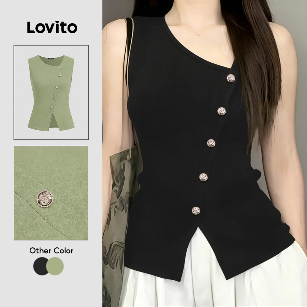 (New Arrival) Lovito Casual Top Feminino com Botão Assimétrico Frente Dividida P