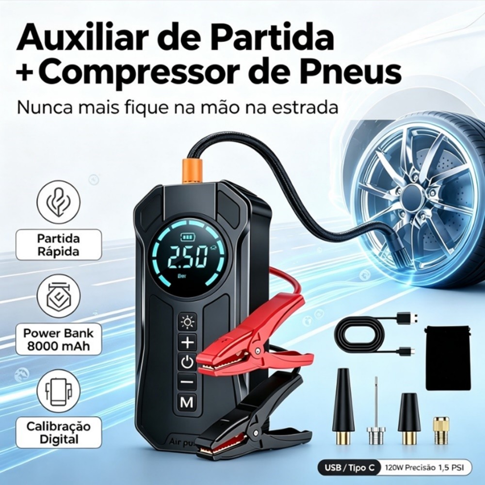 Bomba de Ar Inteligente Portátil com Cabo de Ignição de Emergência 4 em 1 powerbank 8kmah Janoclick