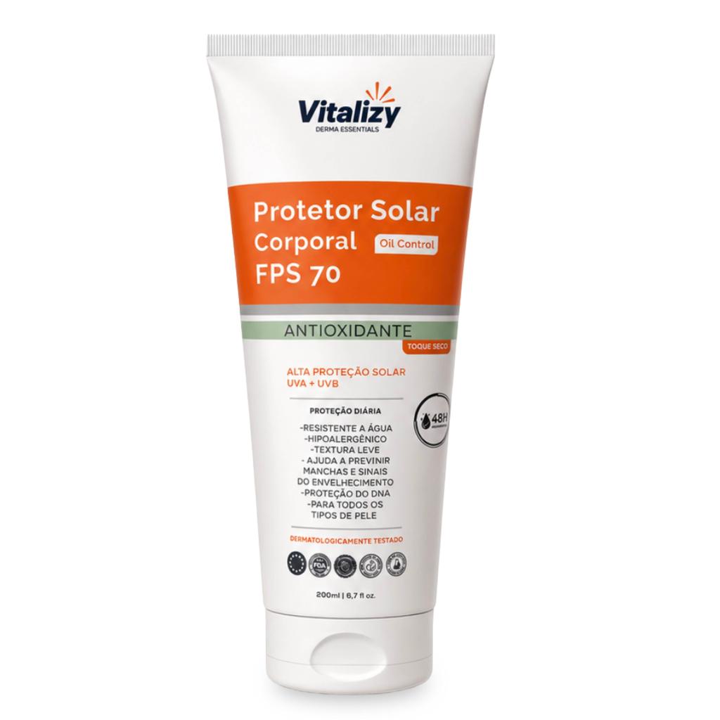 Protetor Solar Corporal 70 FPS Oil Control 200ml Antioxidante Toque Seco Alta Proteção Solar UVA UVB Vitalizy