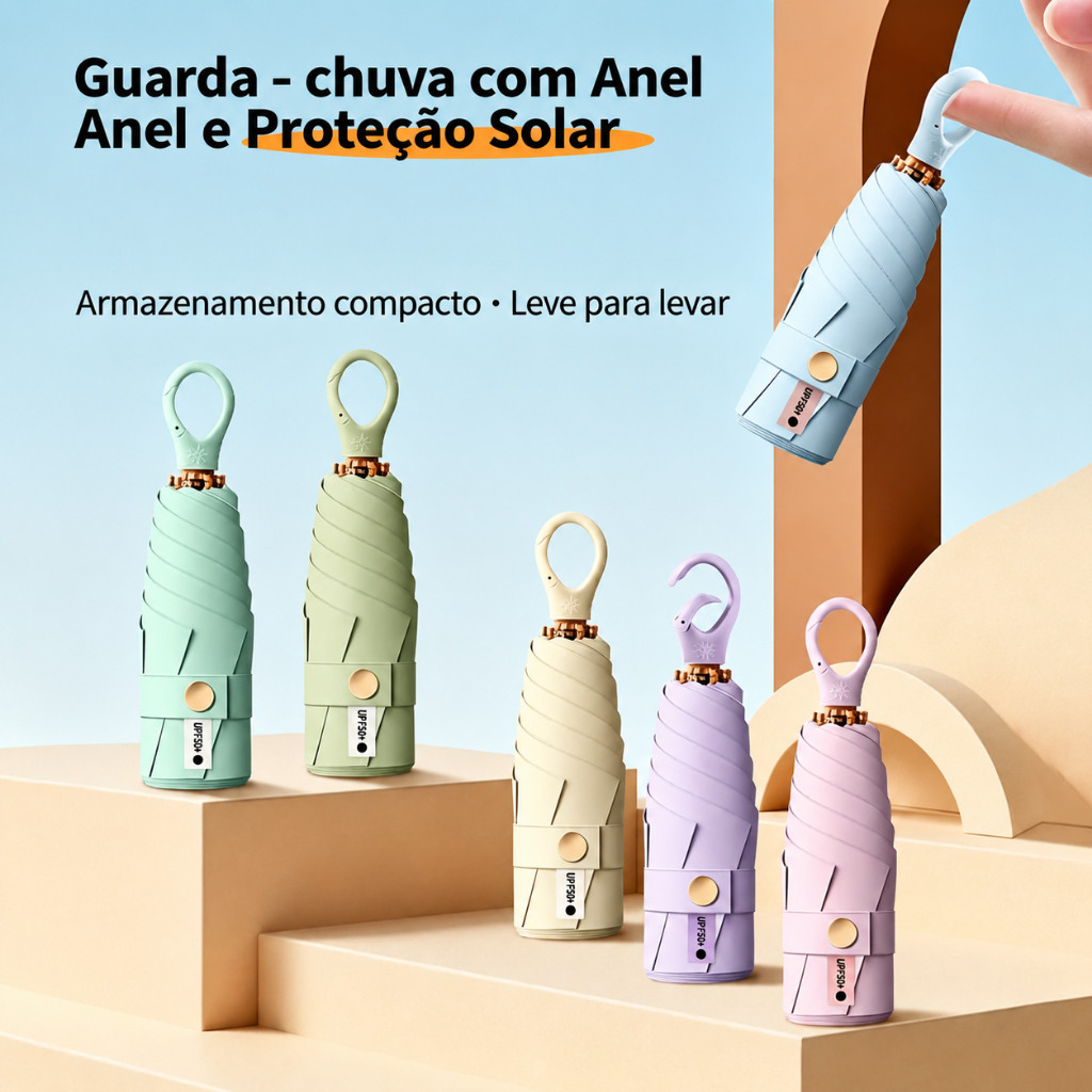 Mini Guarda-Chuva 5 Dobras com Anel Portátil Compacto Proteção Solar e Chuva MDL56