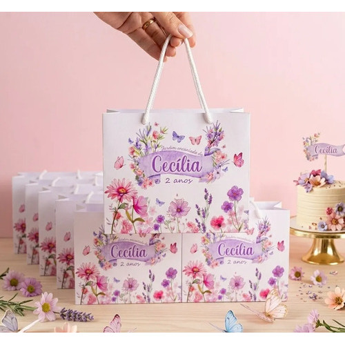 Sacolinhas Personalizada tema JARDIM ENCANTADO ROXO | Personalizados | Lembrancinhas de Festas Sacolinhas Pegue e monte