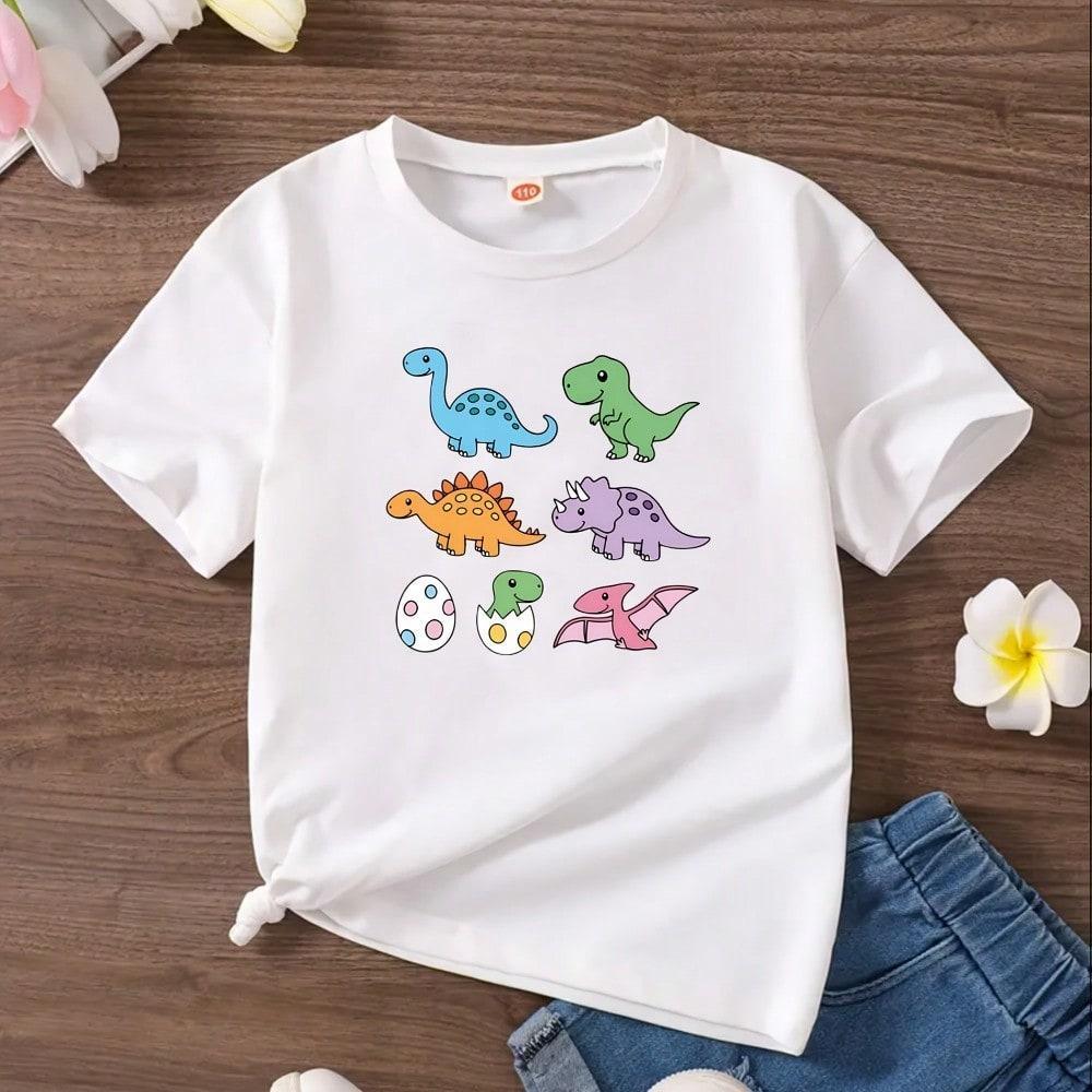 Camiseta Infantil 100% Algodão Estampada Mosaico Dinossauros Fofo look divertido Unissex