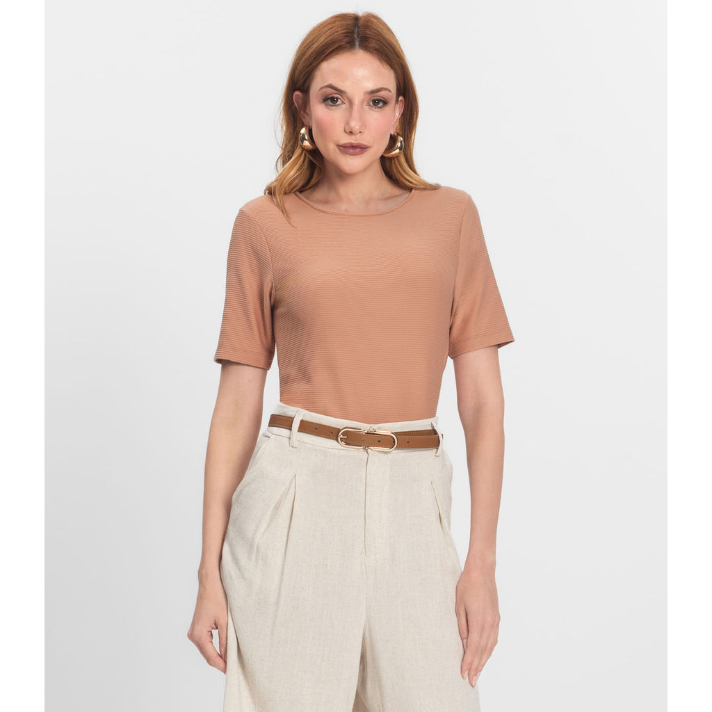 Blusa Feminina Manga Curta em Poly Endless Marrom