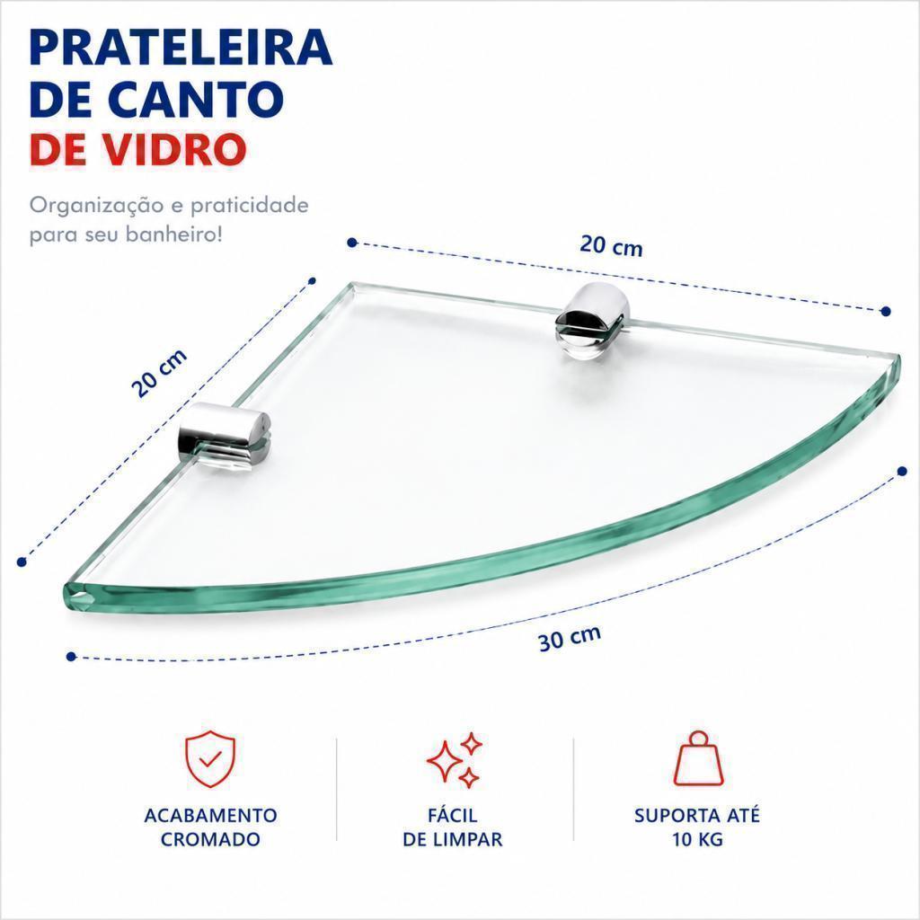 Conjunto 03 Prateleiras de Vidro Canto 20x20 Multiuso com Suporte Inox - Fixação Fácil e Segura — imagem 2 de 2