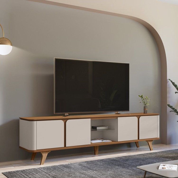 Rack para TV até 60 Polegadas MDF 217cm Pés em Madeira Maciça Cantos Curvos e Roma Cedro/Off White