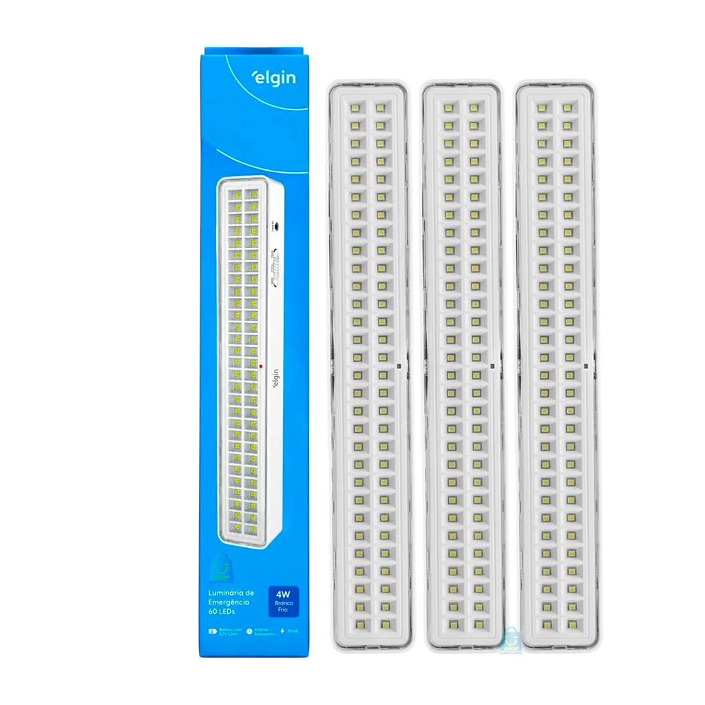 Kit 3 Lâmpadas Luminária de Emergência 60 Leds Elgin 4w Recarregável Branca Fria 6500k Bivolt