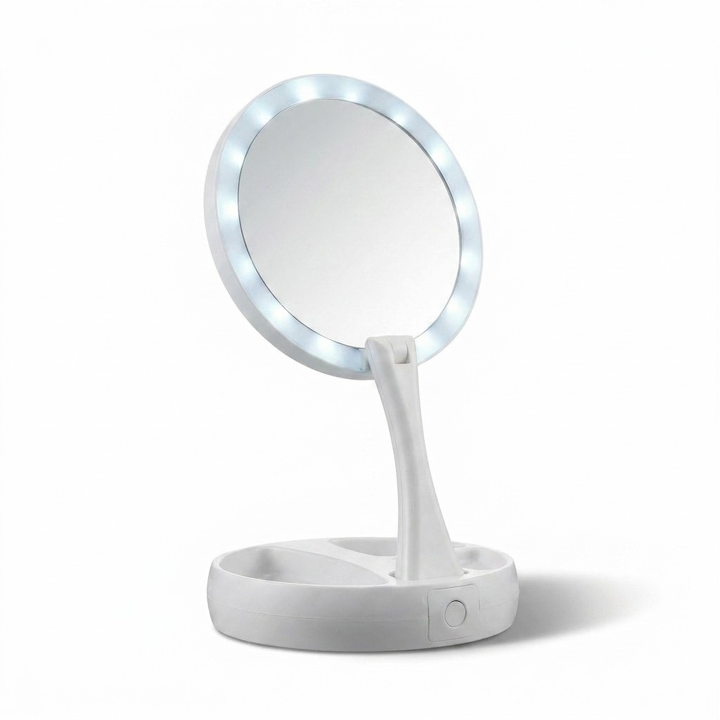 Espelho portátil com luz LED dupla aumento 10x articulado base com compartimentos USB e pilhas