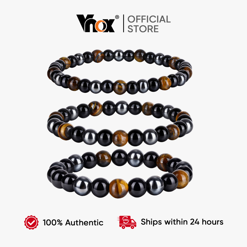 Pulseira Masculina Vnox Com Contas De Pedra Natural , Acessório De Moda De Hematita Elástica