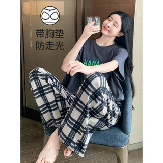 Pijamas femininos verão com almofadas no peito de uma peça puro algodão calças de manga curta verão feminino verificado 
