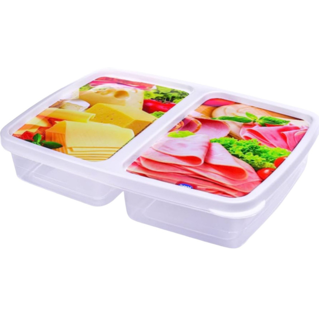 Porta Frios Presunto e Queijo Duplo Retangular Plástico 2 Divisórias Decorada Pote de Plástico
