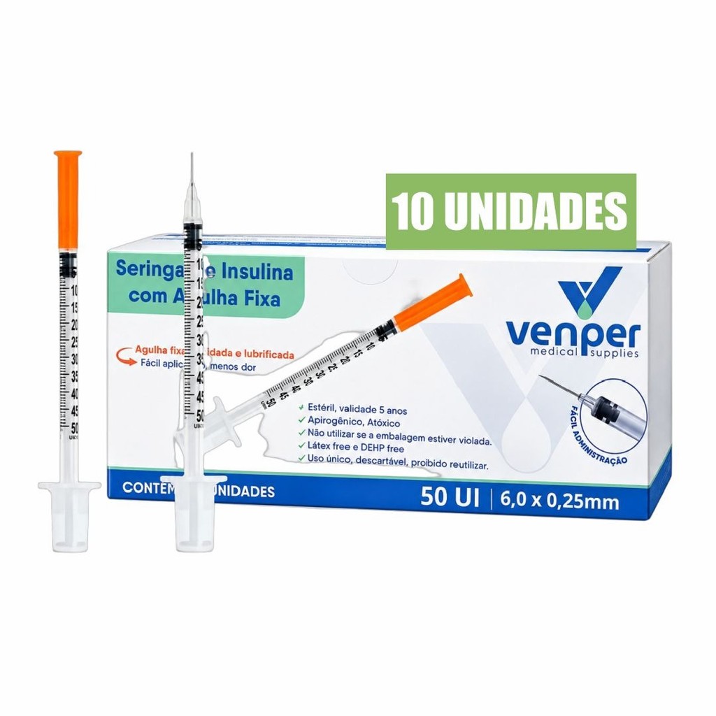 10x Seringa Insulina Botox Fixa 0,5ml 6x0,25 31G 50ui