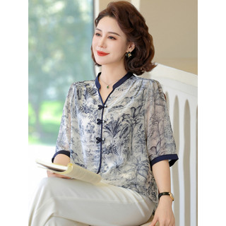 Novo estilo chinês mãe primavera verão moda Chiffon camisa pequena meia-idade mulheres idosas 2026 novo estilo verão man