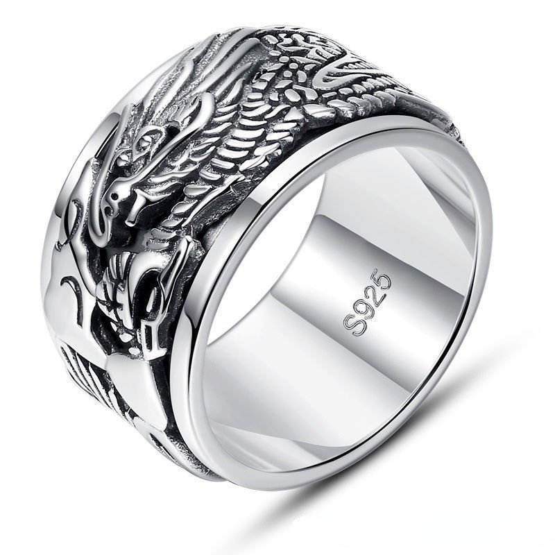 Anel De Prata Esterlina S925 Masculino Com De Dragão Auspicioso Giratório Retrô Rosto Largo Dominar O Dedo Novo Estilo D
