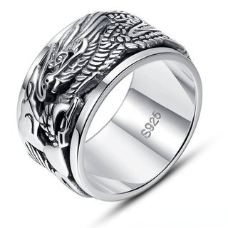 Anel De Prata Esterlina S925 Masculino Com De Dragão Auspicioso Giratório Retrô Rosto Largo Dominar O Dedo Novo Estilo D