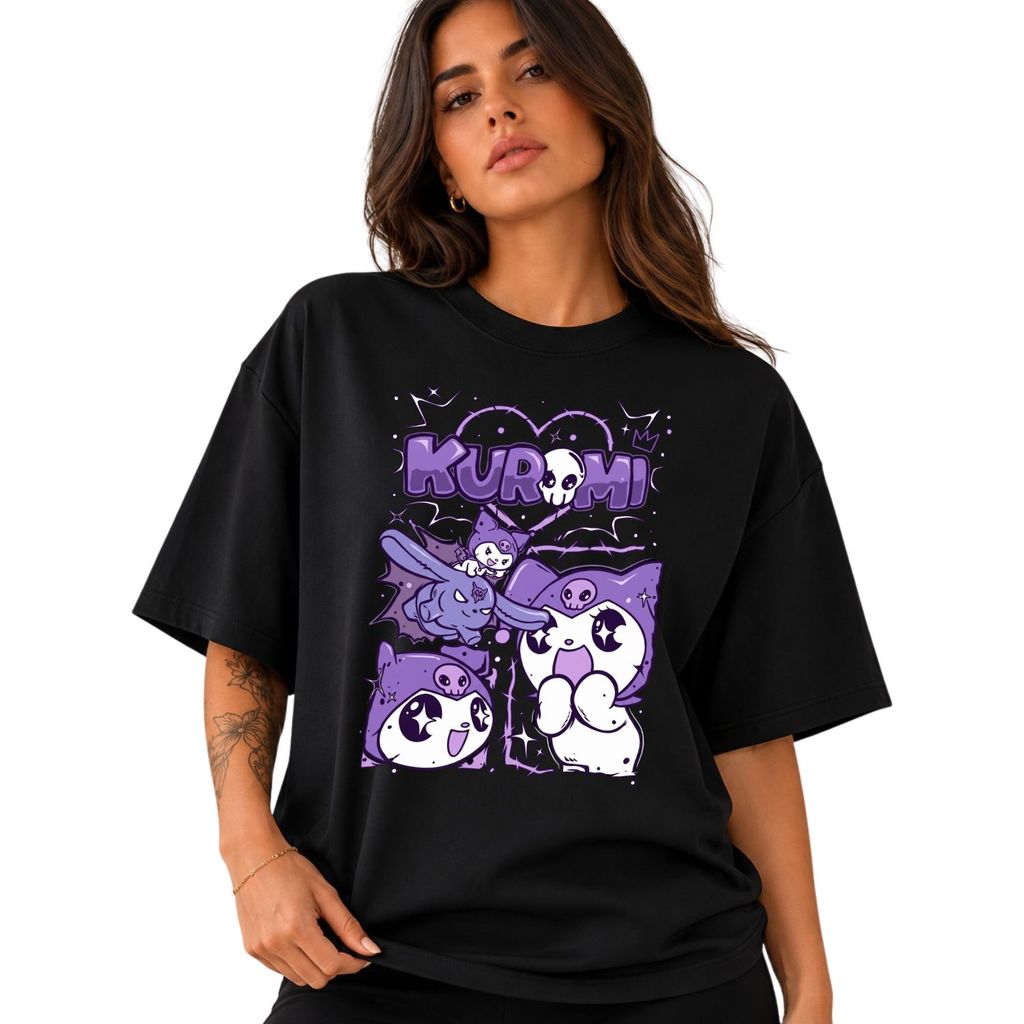 Camiseta Unissex Oversized Kuromi Streetwear Urbano Estampada Casual Confortável 100% Algodão