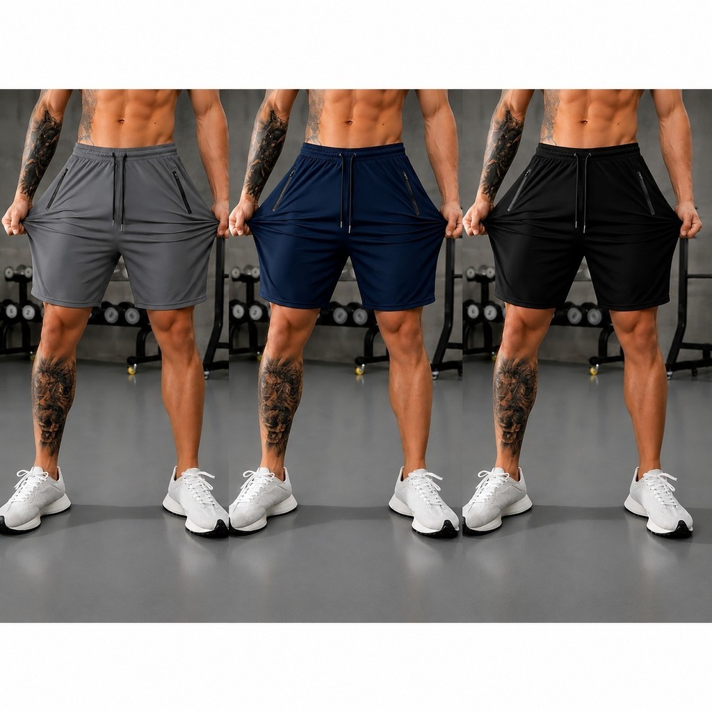Kit 3 Bermudas Fitness Masculinas com Elastano Bolsos com Zíper Confortável para Academia Corrida e Treino